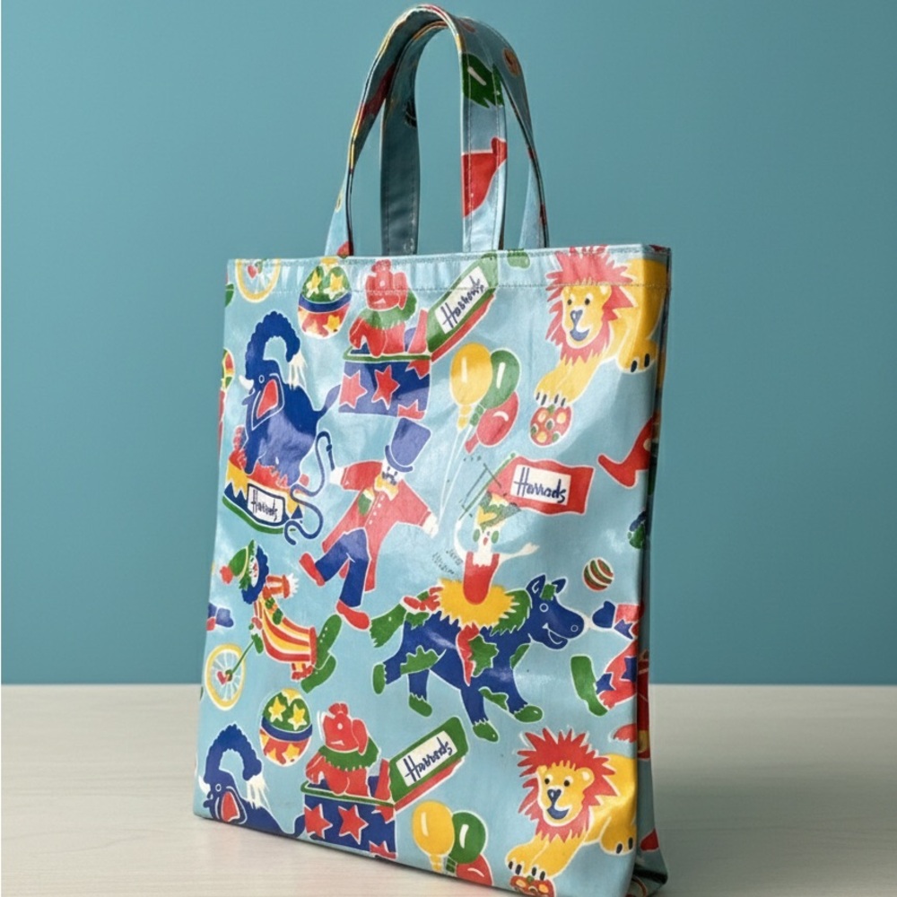 Vintage Harrods Circus Blue Shopper Oilcloth Tote
